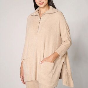 Barefoot Dreams | Cozy Chic Lite Half Zip Poncho Soft Camel Chenille Sweater S/M